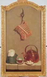 Still Life with meat, kettle, cup, sugar loaf and sugar lumps